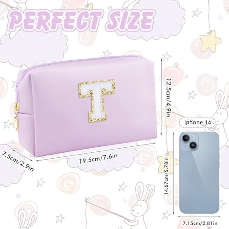 Gifts for Girls Initial Makeup Bag Personalized Cosmetic Bag with Zipper Cute Travel Toiletry Bag Waterproof PU Preppy Makeup Pouch Birthday Gift for Teen Girls Women(Purple T) - Image 4